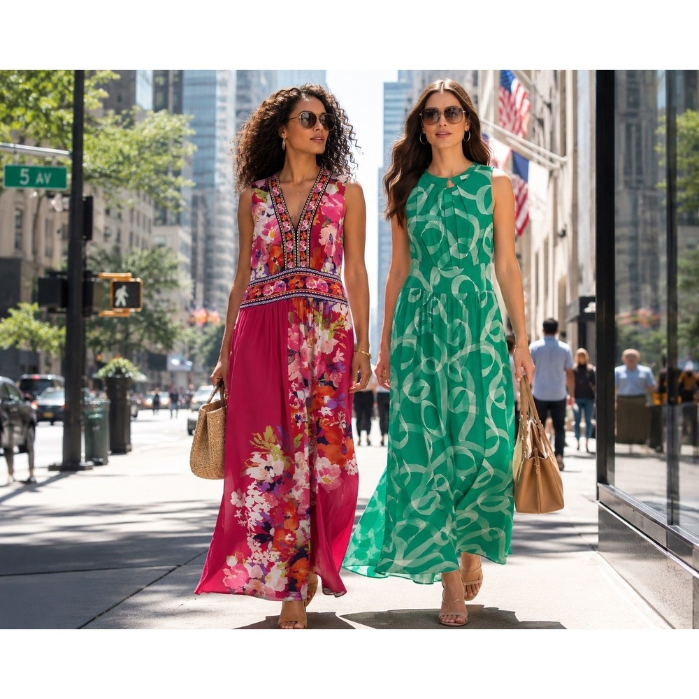 Lot 2 London Times Wmn Maxi Dress Green Swirl & Pink Floral Chic Sleeveless Sz12